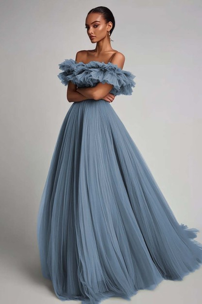 Dusty Sage Pleated Tulle A Line Long Formal Dress with Ruffles