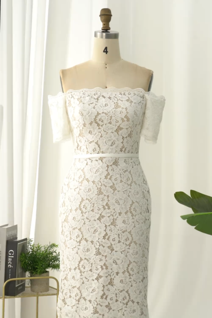 Ivory Bodycon Lace Off the Shoulder Midi Boho Engagement Dress