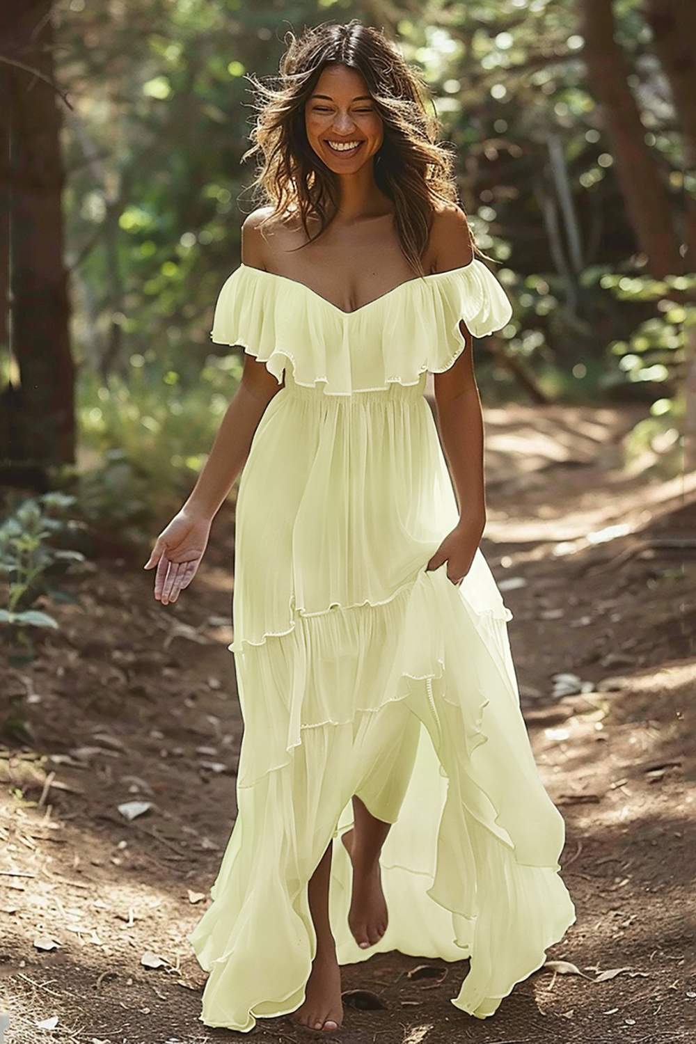 White Chiffon Ruffled Off the Shoulder Boho Maxi Wedding Dress