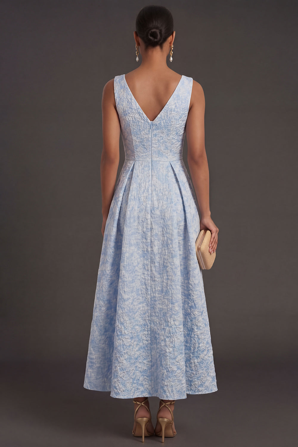 Blue Jacquard Floral A Line V Neck Long Formal Dress