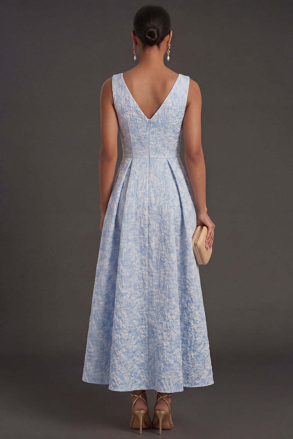 Blue Jacquard Floral A Line V Neck Long Formal Dress