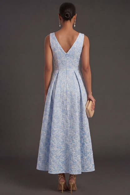Blue Jacquard Floral A Line V Neck Long Formal Dress