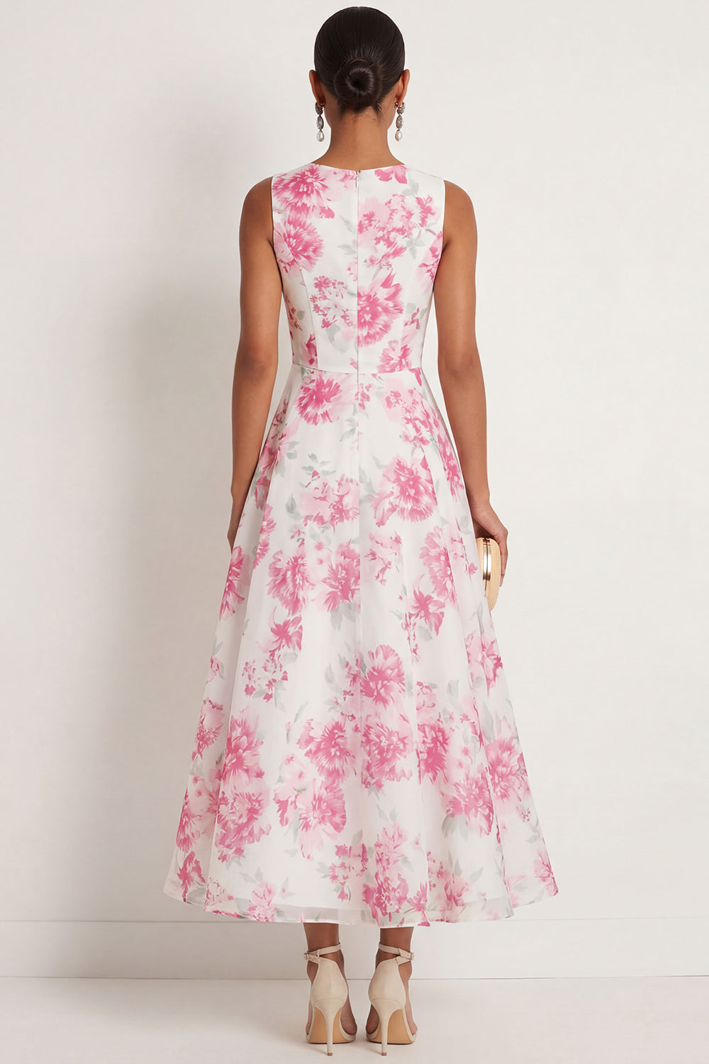 White Fuchsia Floral A Line Round Neck Long Formal Dress
