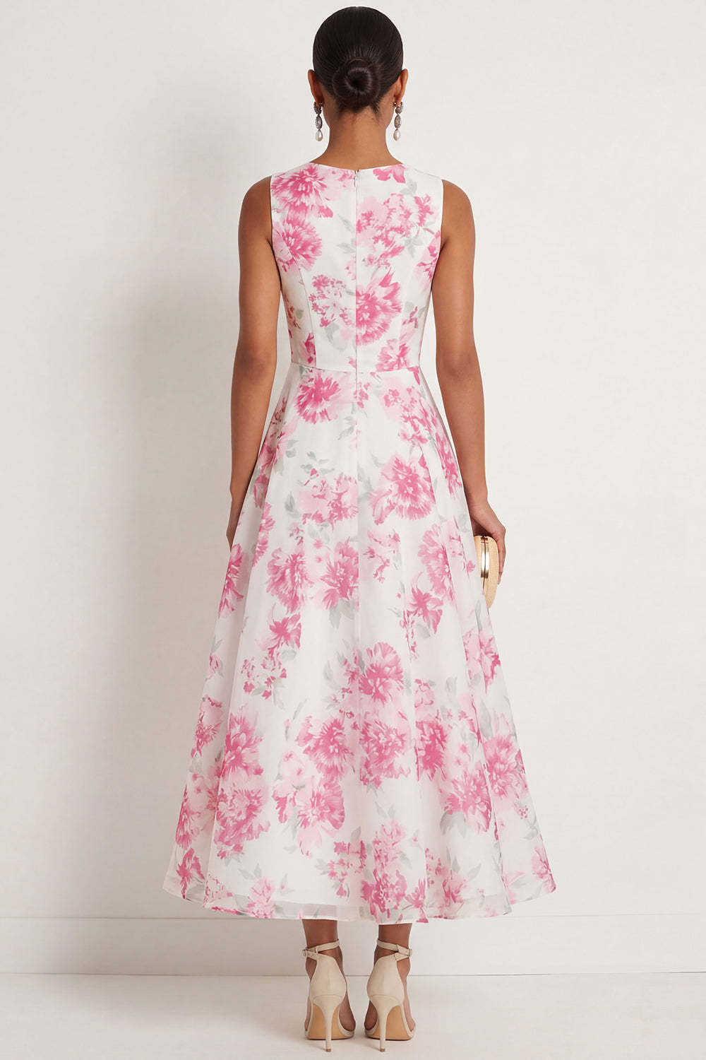 White Fuchsia Floral A Line Round Neck Long Formal Dress