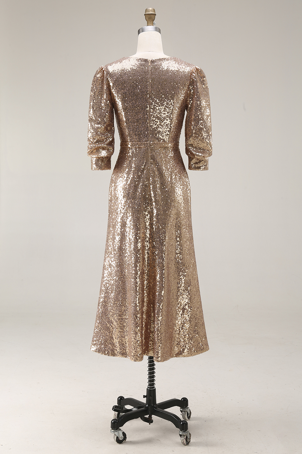 Sparkly Champagne Sequins V-Neck Long Evening Dress with Slit