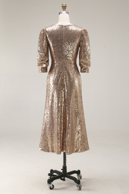 Sparkly Champagne Sequins V-Neck Long Evening Dress with Slit