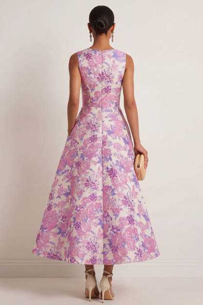 Floral Lilac A Line Round Neck Sleeveless Long Formal Dress