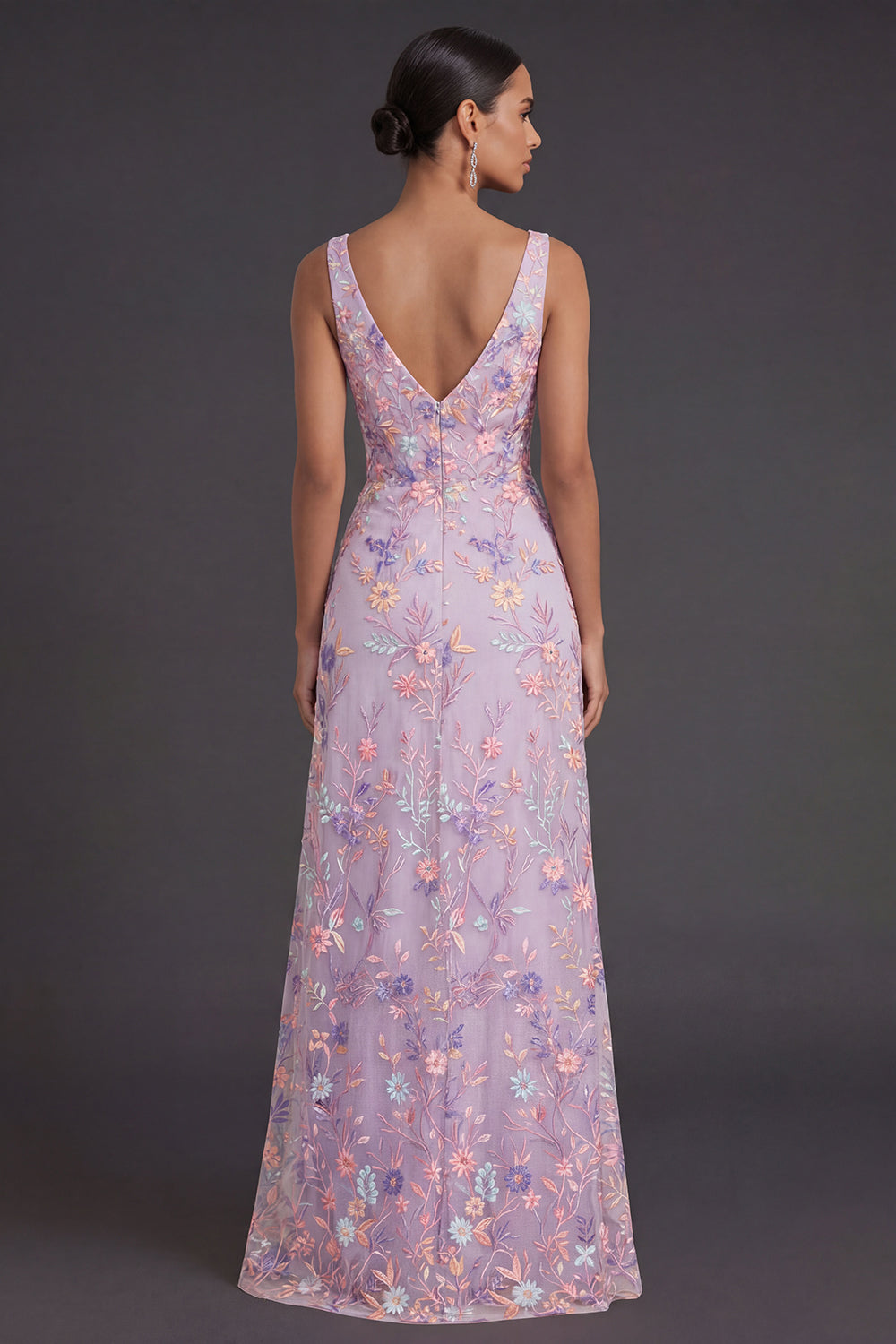 Lilac Floral A Line V Neck Embroidered Floral Long Formal Dress