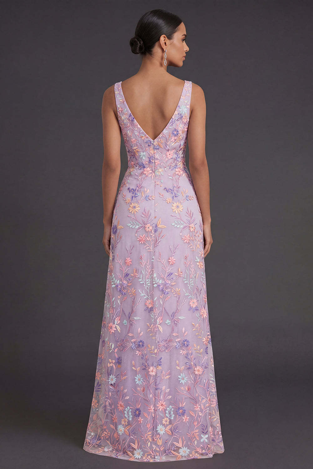 Lilac Floral A Line V Neck Embroidered Floral Long Formal Dress