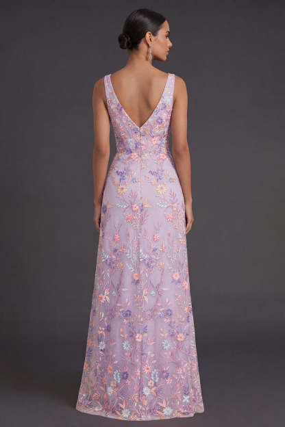 Lilac Floral A Line V Neck Embroidered Floral Long Formal Dress