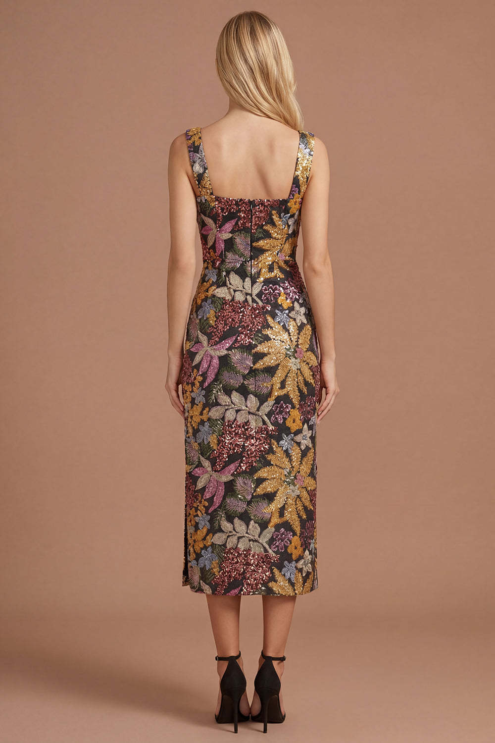 Sparkly Sequined Sheath Black Floral Thick Straps Long Formal Dress with Slit