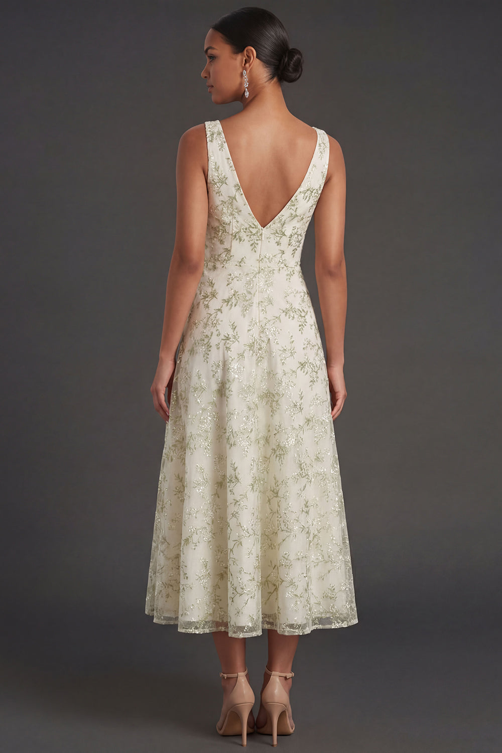 Light Green Floral A Line V Neck Long Formal Dress