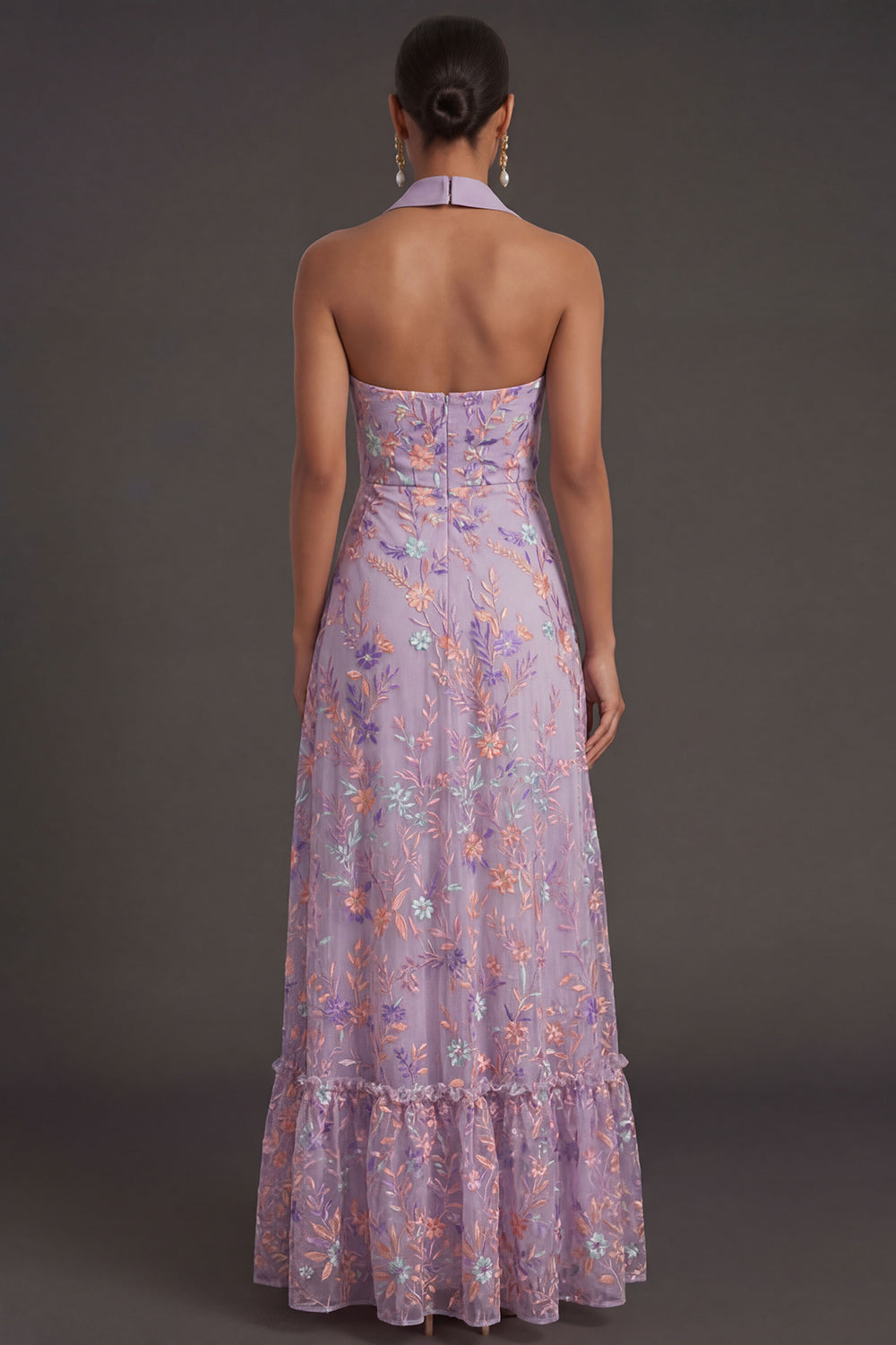 Lilac Floral A Line Halter Neck Embroidered Long Formal Dress