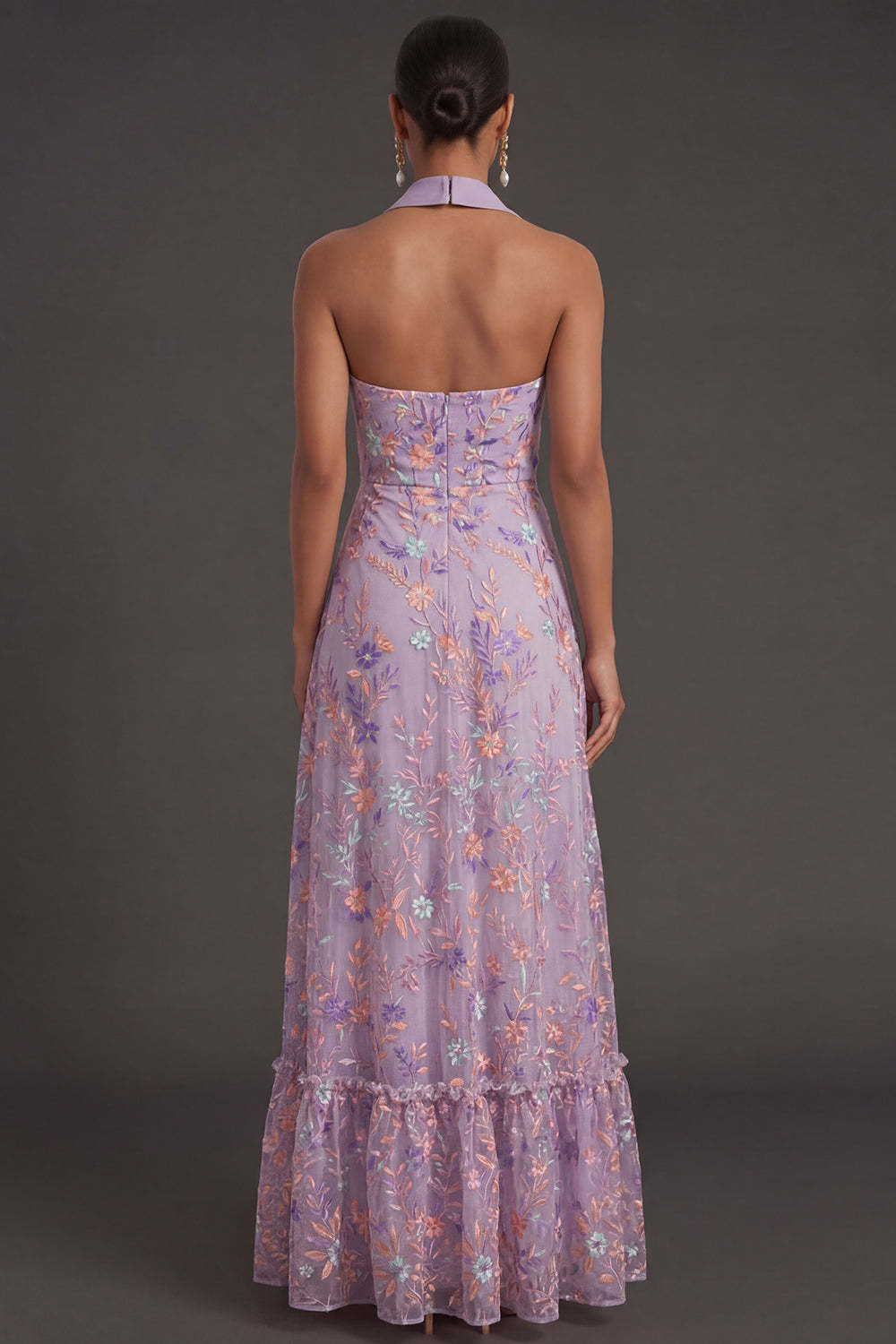 Lilac Floral A Line Halter Neck Embroidered Long Formal Dress
