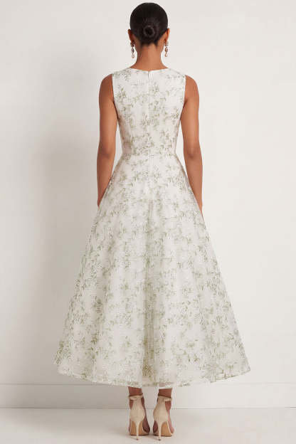 A Line Light Green Round Neck Sleeveless Embroidered Long Formal Dress