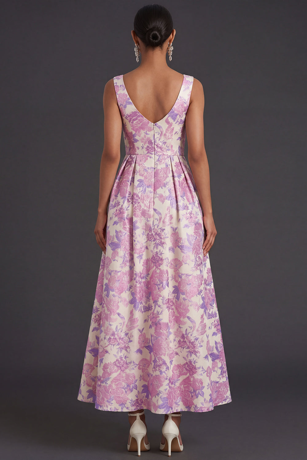Lilac Floral A Line Square Neck Long Formal Dress with Pockets