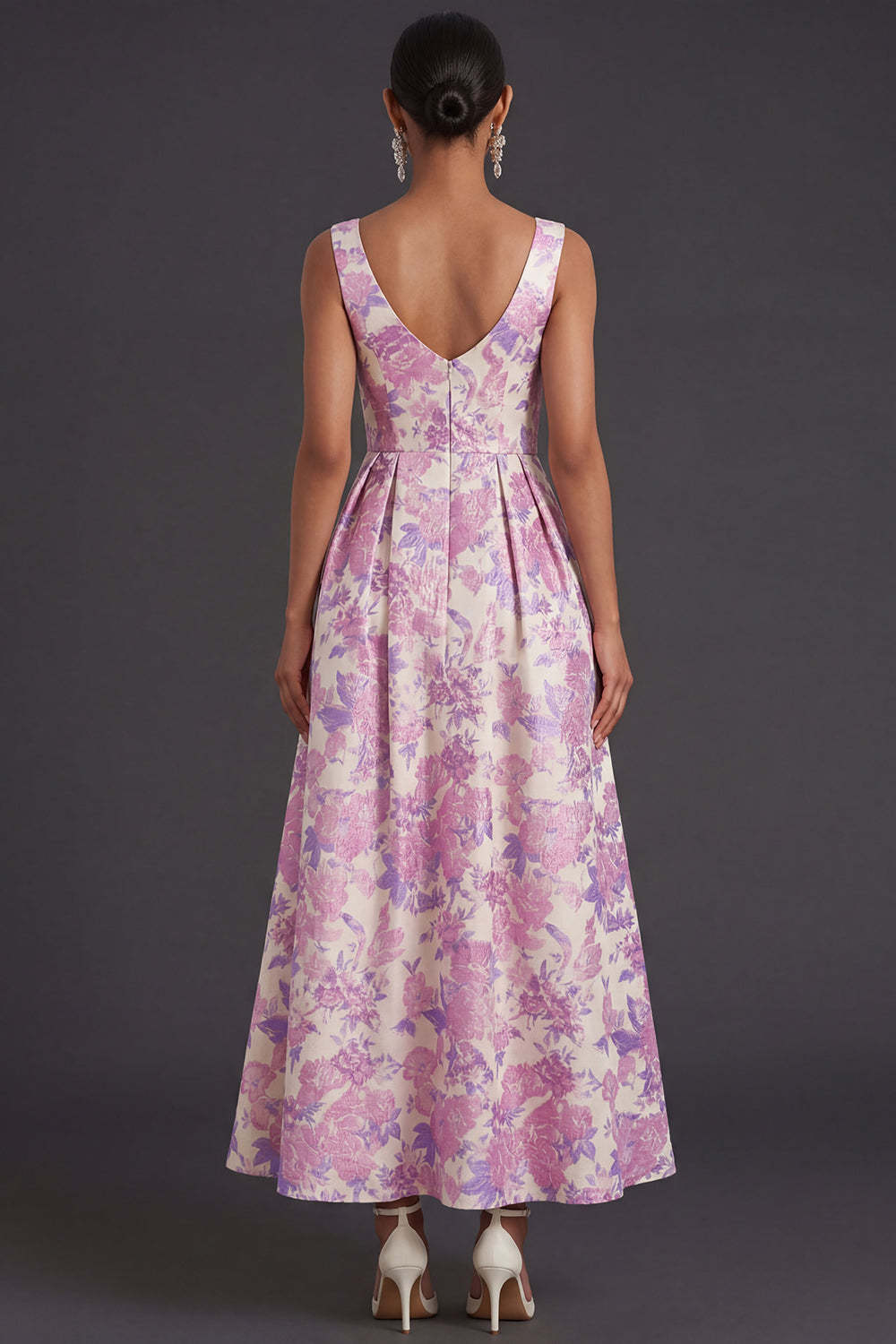 Lilac Floral A Line Square Neck Long Formal Dress with Pockets