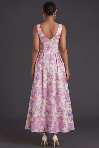 Lilac Floral A Line Square Neck Long Formal Dress with Pockets