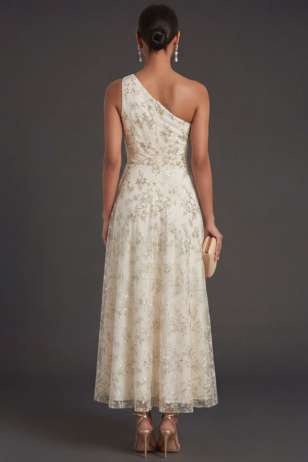 Light Green Floral A Line One Shoulder Long Formal Dress