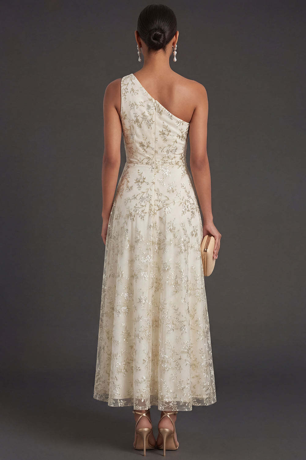 Light Green Floral A Line One Shoulder Long Formal Dress