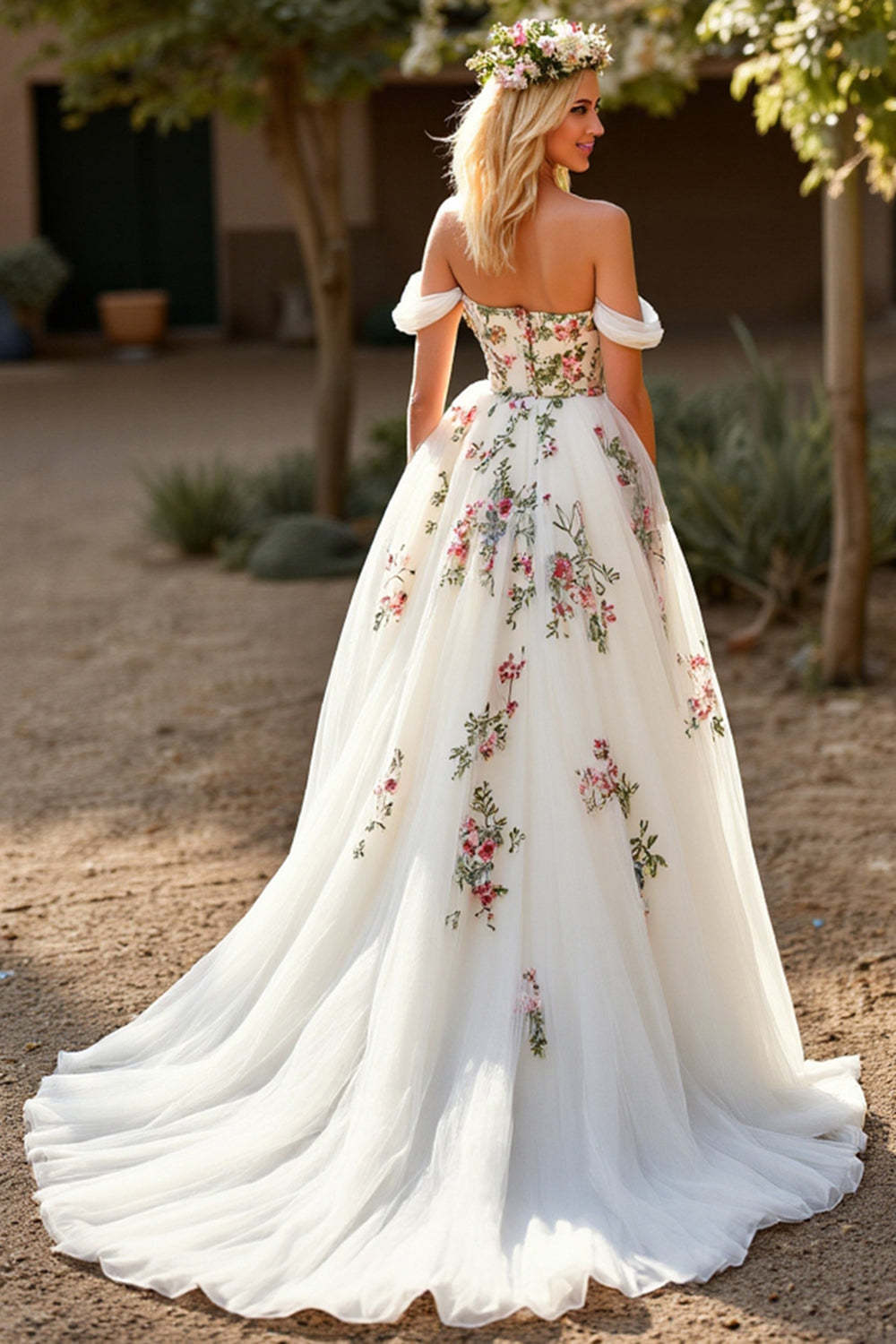 Tulle Floral Off the Shoulder White Sweep Train Wedding Dress