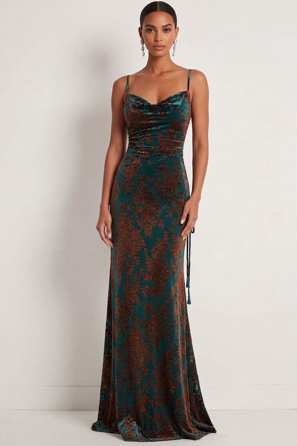 Sheath Dark Green Spaghetti Straps Maxi Velvet Formal Dress