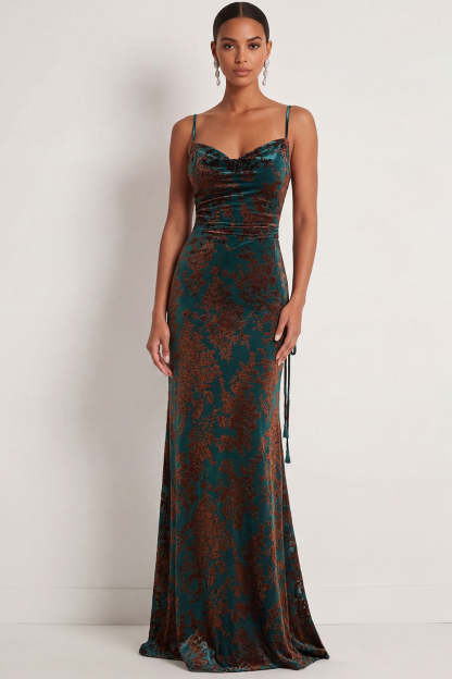 Sheath Dark Green Spaghetti Straps Maxi Velvet Formal Dress