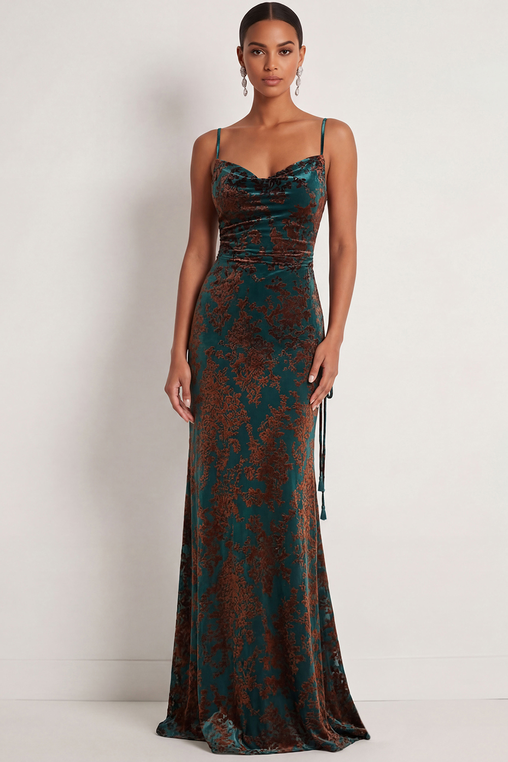 Dark Green Sheath Spaghetti Straps Maxi Velvet Bridesmaid Dress