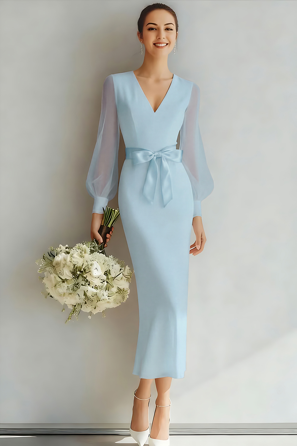 Leely Women White Long Sleeves Registry Wedding Dress with Bow V-Neck Sheath Engagement Dress