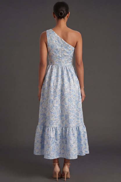 Blue Floral Jacquard A Line One Shoulder Long Formal Dress