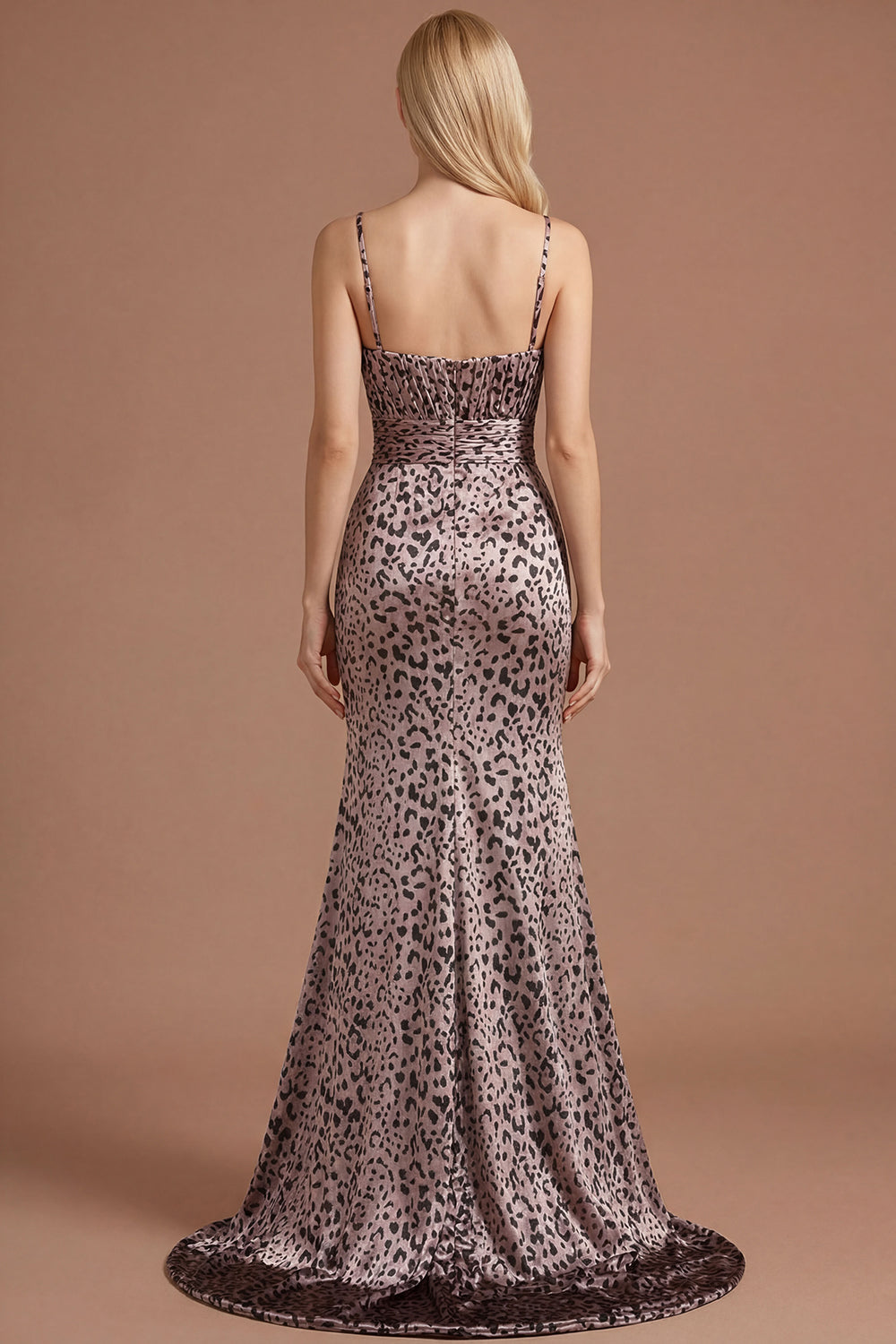 Floral Golden Leopard Mermaid Spaghetti Straps Sleeveless Long Prom Dress with Slit