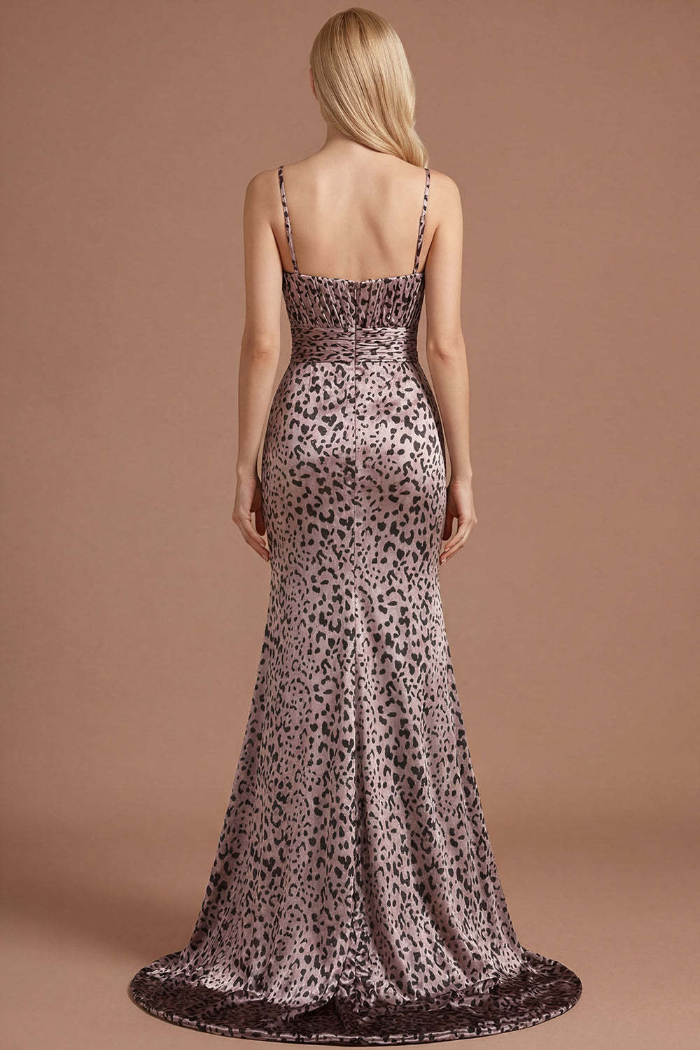 Floral Golden Leopard Mermaid Spaghetti Straps Sleeveless Long Prom Dress with Slit