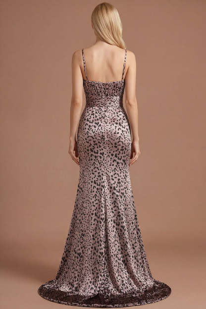 Floral Golden Leopard Mermaid Spaghetti Straps Sleeveless Long Prom Dress with Slit