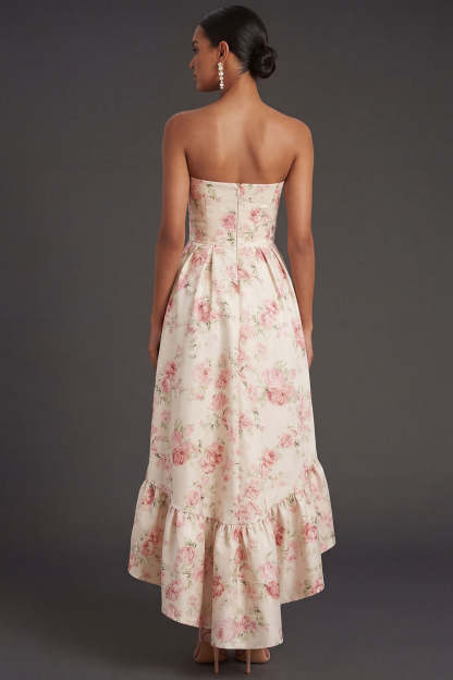 White Pink Floral Ruffled Strapless Backless High Low Formal Dress
