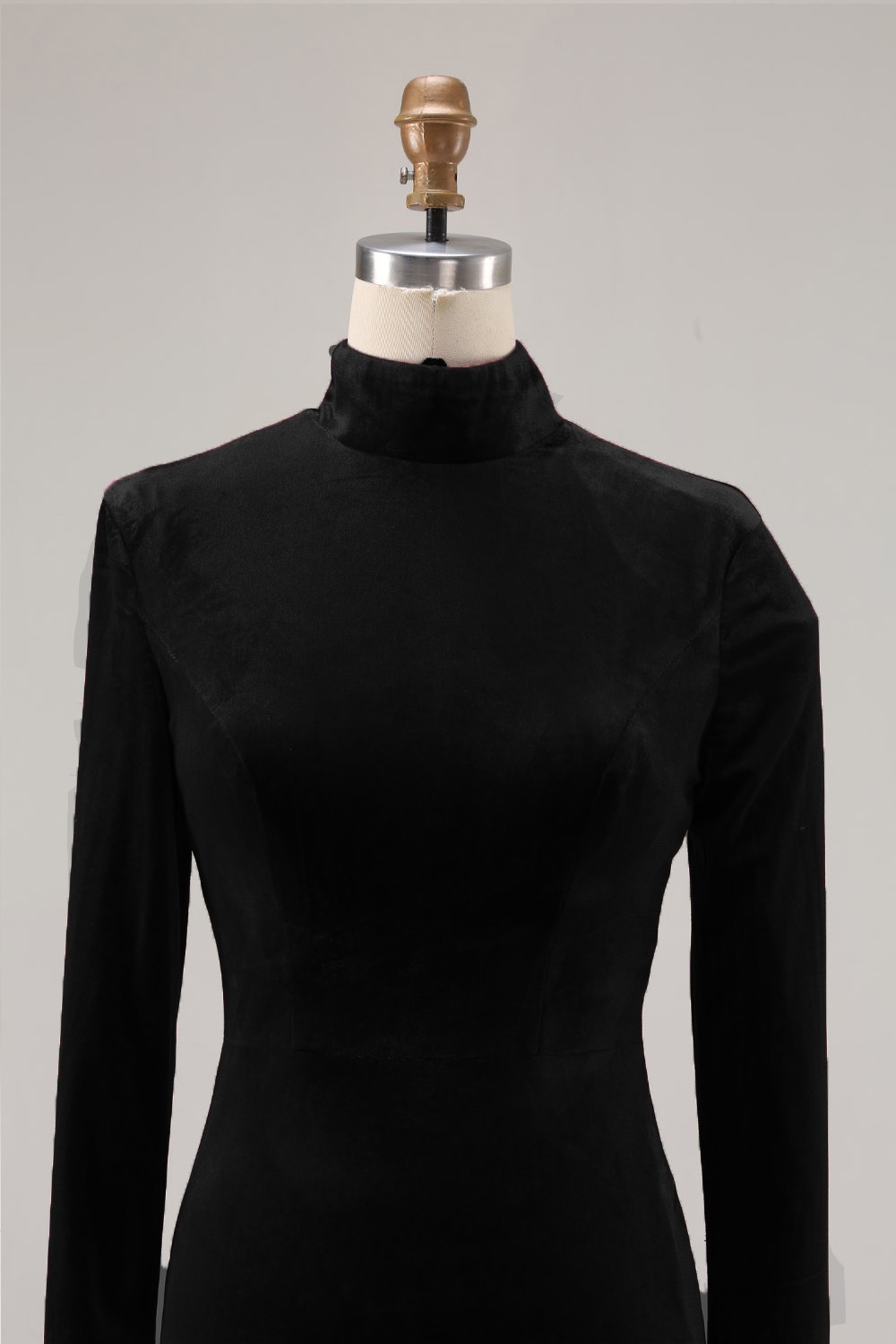 Black Velvet High Neck Sweep Train Holiday Party Dress with Sleeves