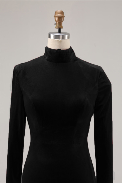 Black Velvet High Neck Sweep Train Holiday Party Dress with Sleeves
