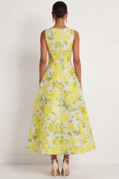 Daffodil Floral A Line Round Neck Sleeveless Long Formal Dress