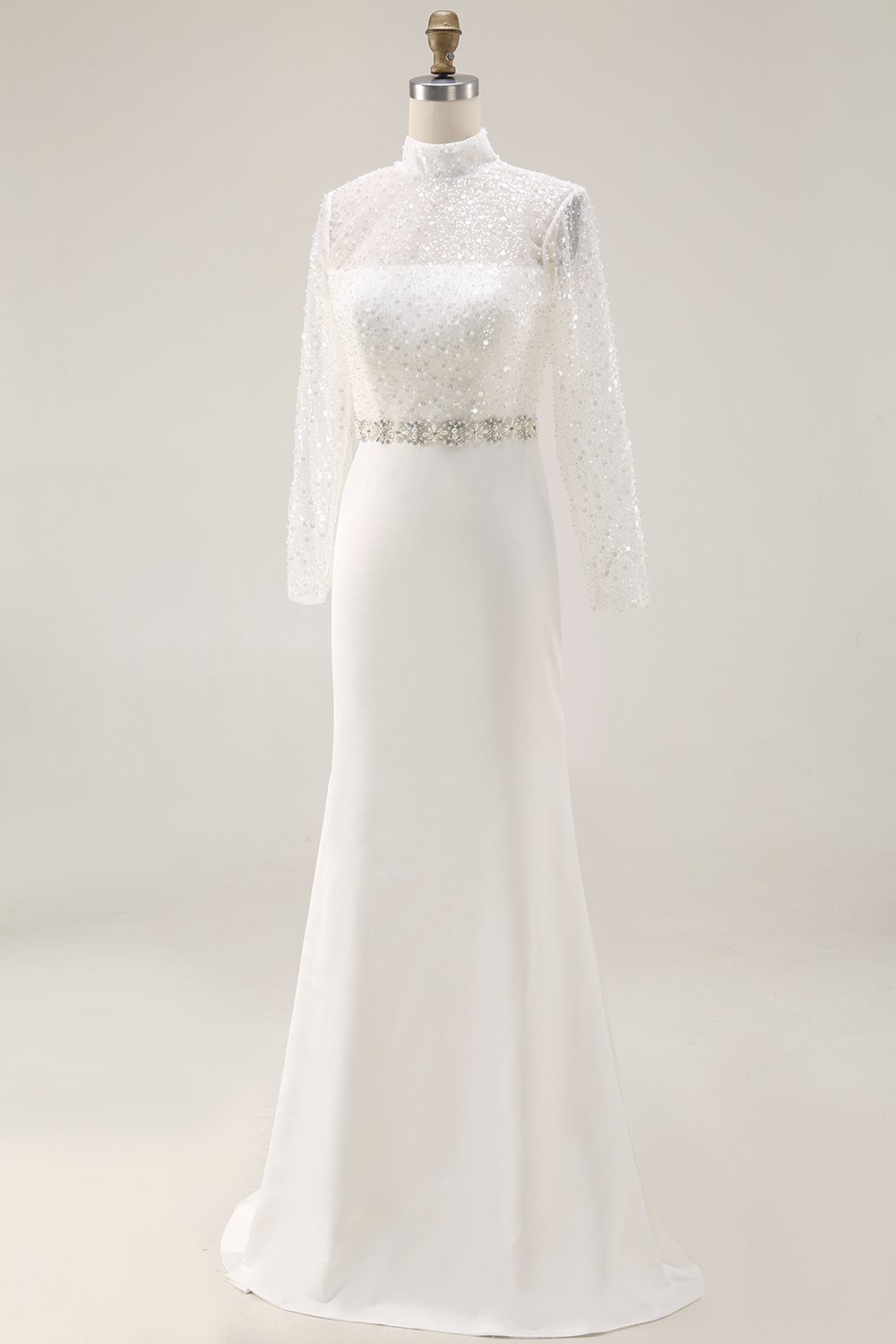 Sparkly White Mermaid High Neck Maxi Sequined Wedding Reception Dress