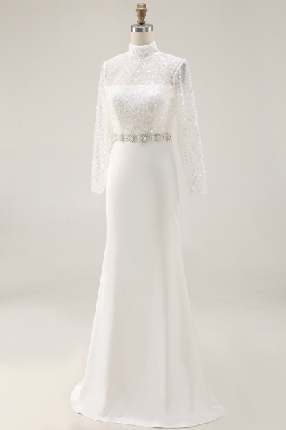 Sparkly White Mermaid High Neck Maxi Sequined Wedding Reception Dress