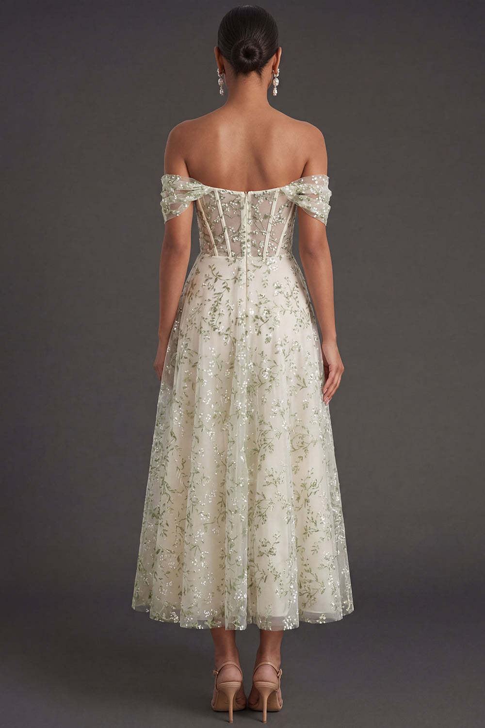 Light Green Floral A Line Corset Off the Shoulder Long Formal Dress