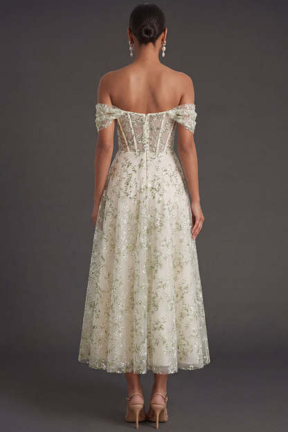 Light Green Floral A Line Corset Off the Shoulder Long Formal Dress