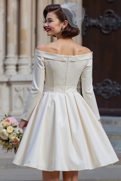 White A Line Off the Shoulder Short Engagement Dress with Bow
