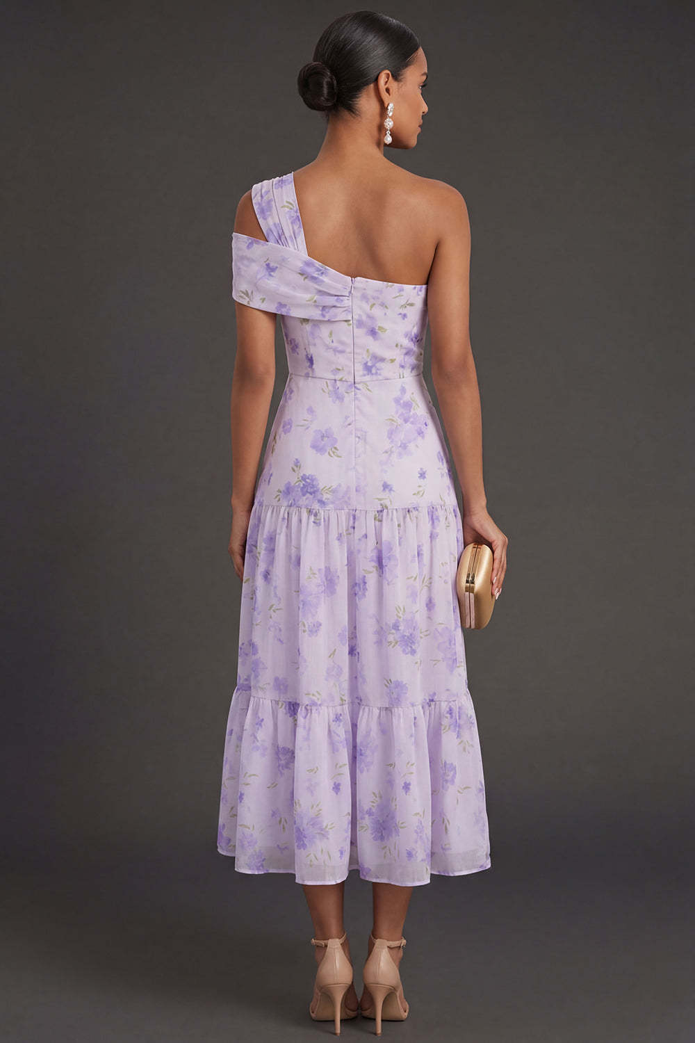 Floral Lilac One Shoulder A Line Long Formal Dress with Slit