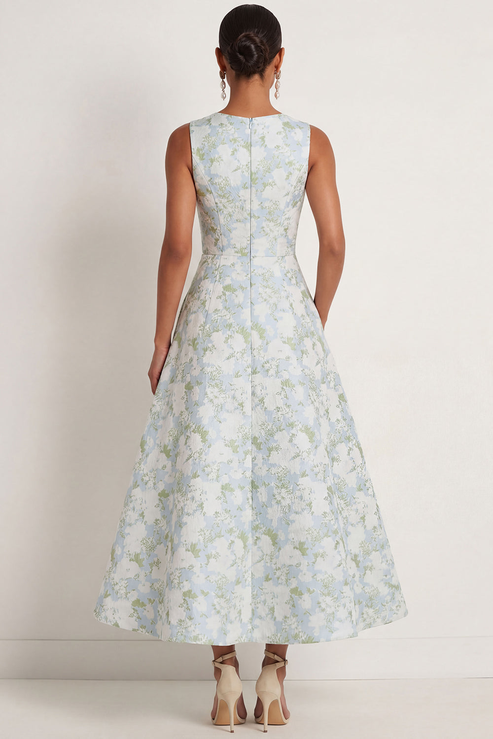 White Blue Floral A Line Round Neck Long Formal Dress