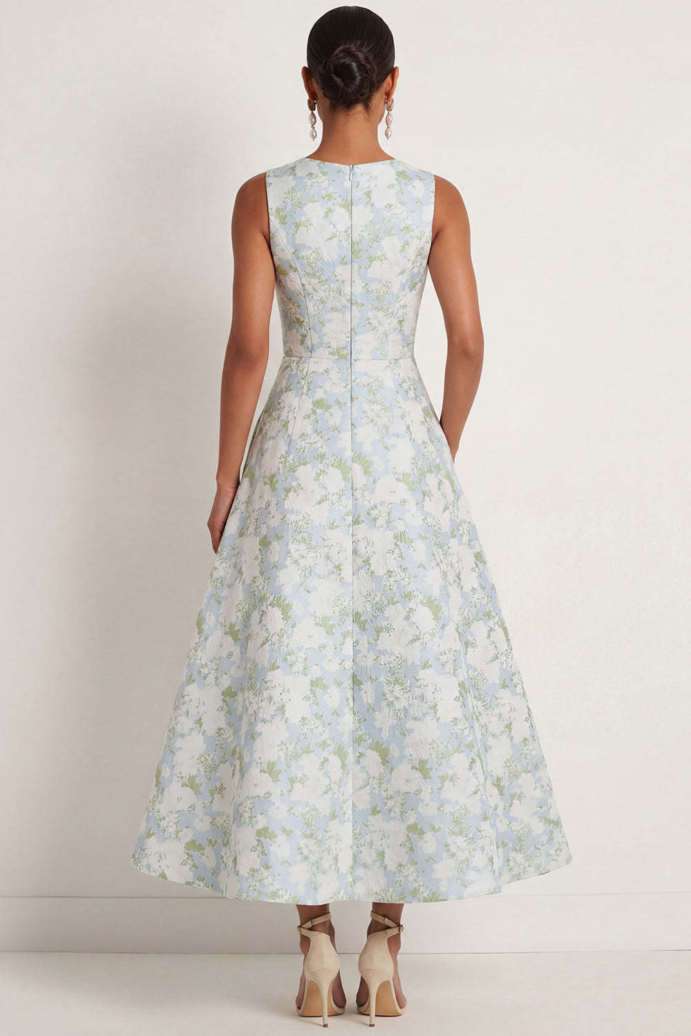 White Blue Floral A Line Round Neck Long Formal Dress