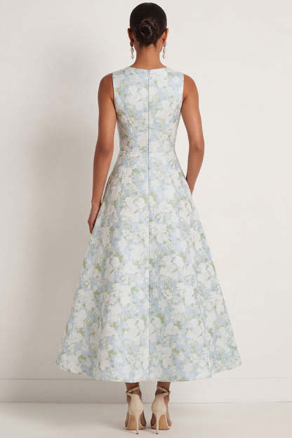 White Blue Floral A Line Round Neck Long Formal Dress