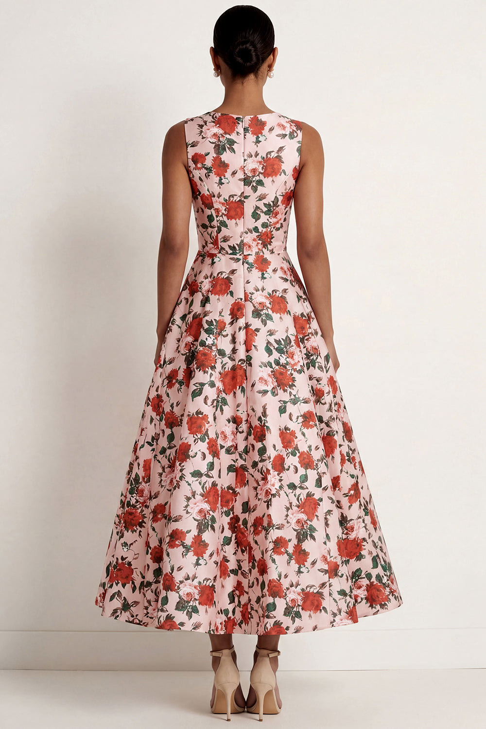 A Line Pink Red Floral Round Neck Long Formal Dress