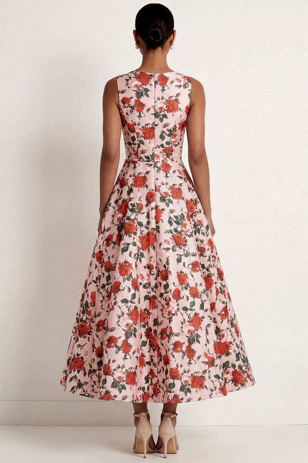 A Line Pink Red Floral Round Neck Long Formal Dress