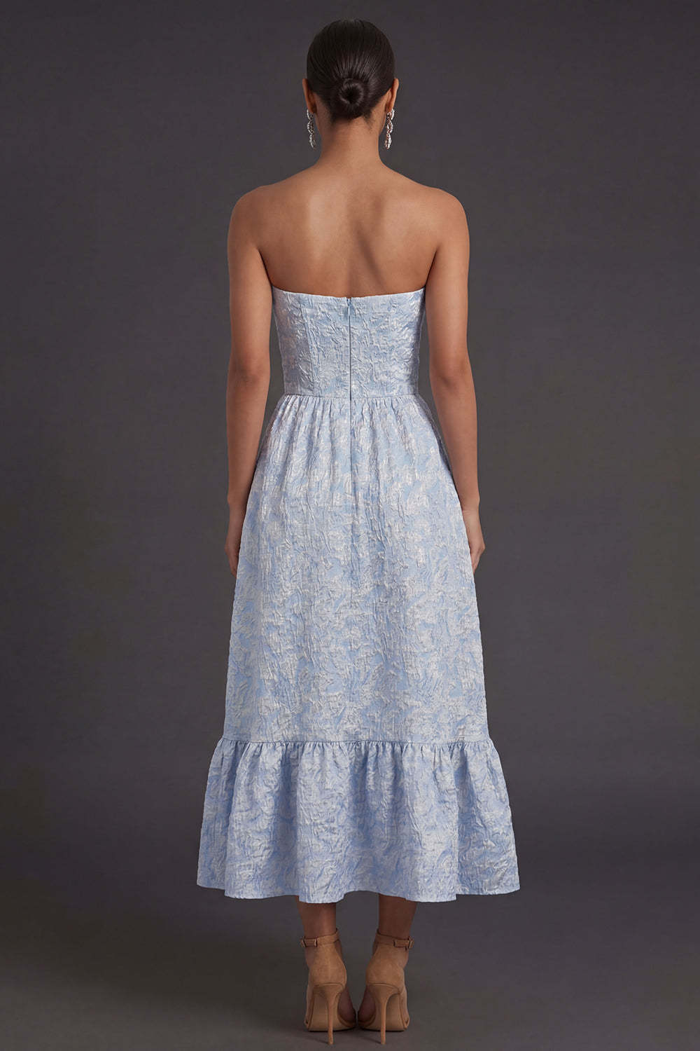 Jacquard Blue Floral A Line Backless Long Formal Dress