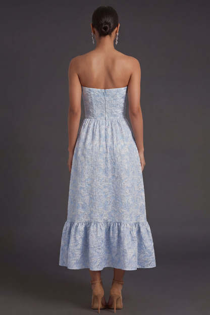 Jacquard Blue Floral A Line Backless Long Formal Dress